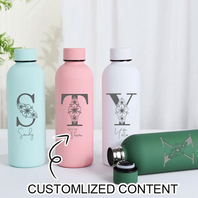 Flask Stainless Steel - Bouteille d'eau personnalisée avec initiales florales,